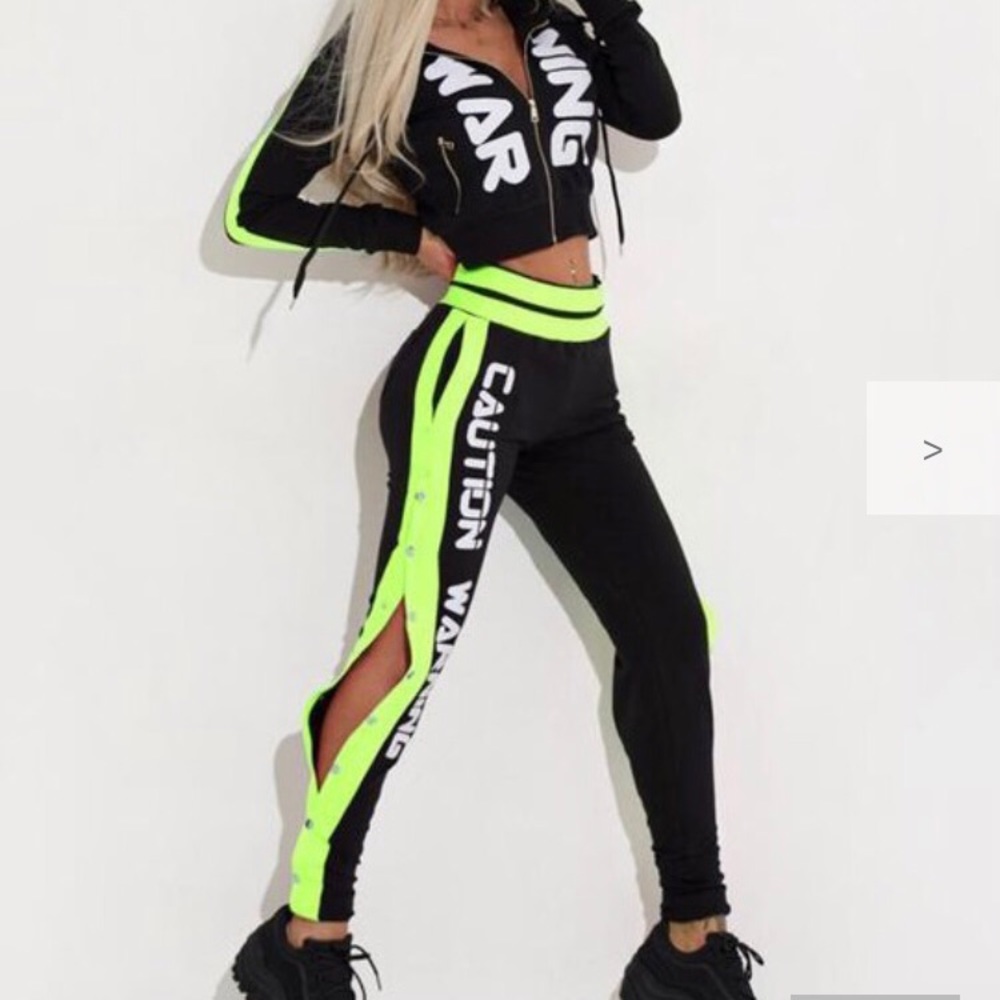 NWT - Active Wear, Print Hoodie & Split-Side Leggings, Black / Lime green